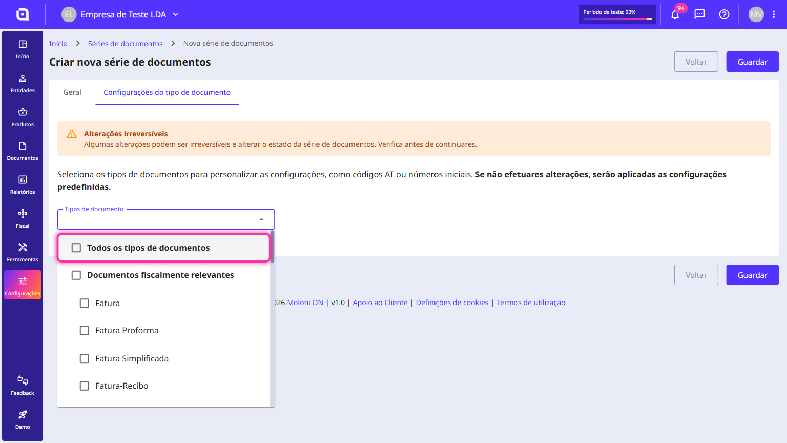 Lista do campo Tipos de documento com a caixa Todos os tipos de documentos assinalada