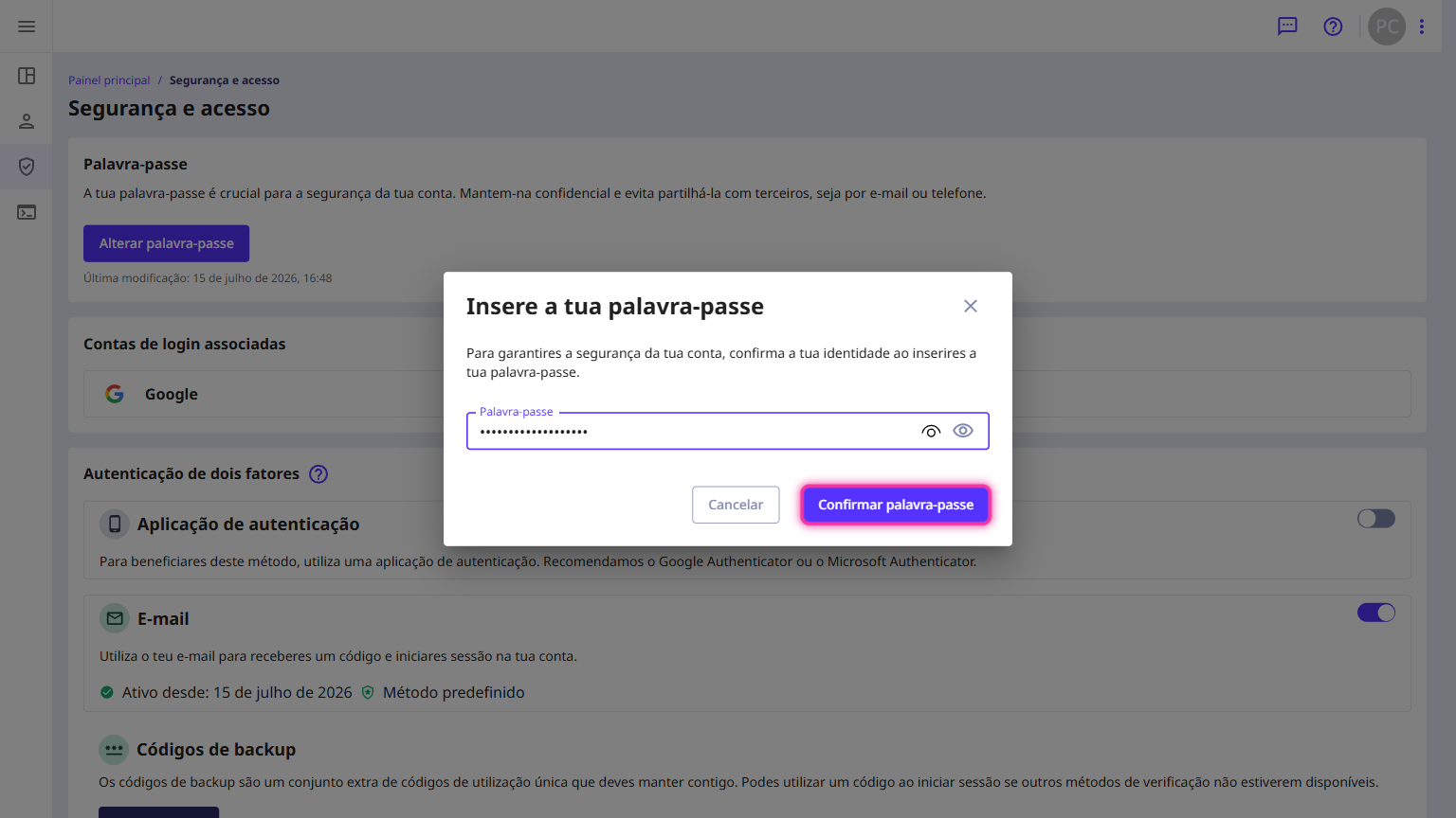 Janela Insere a tua palavra-passe com o botão Confirmar palavra-passe destacado