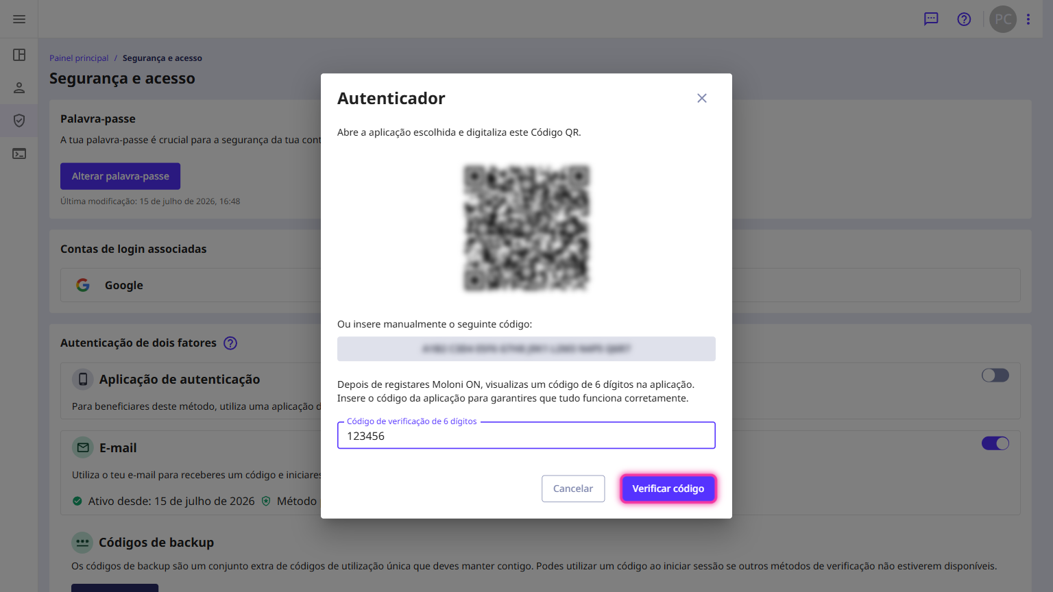 Janela Autenticador com o botão Verificar código destacado