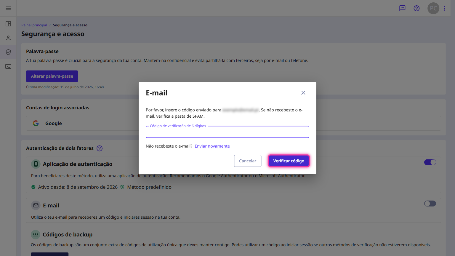 Janela E-mail com o campo do código e o botão Verificar código destacado