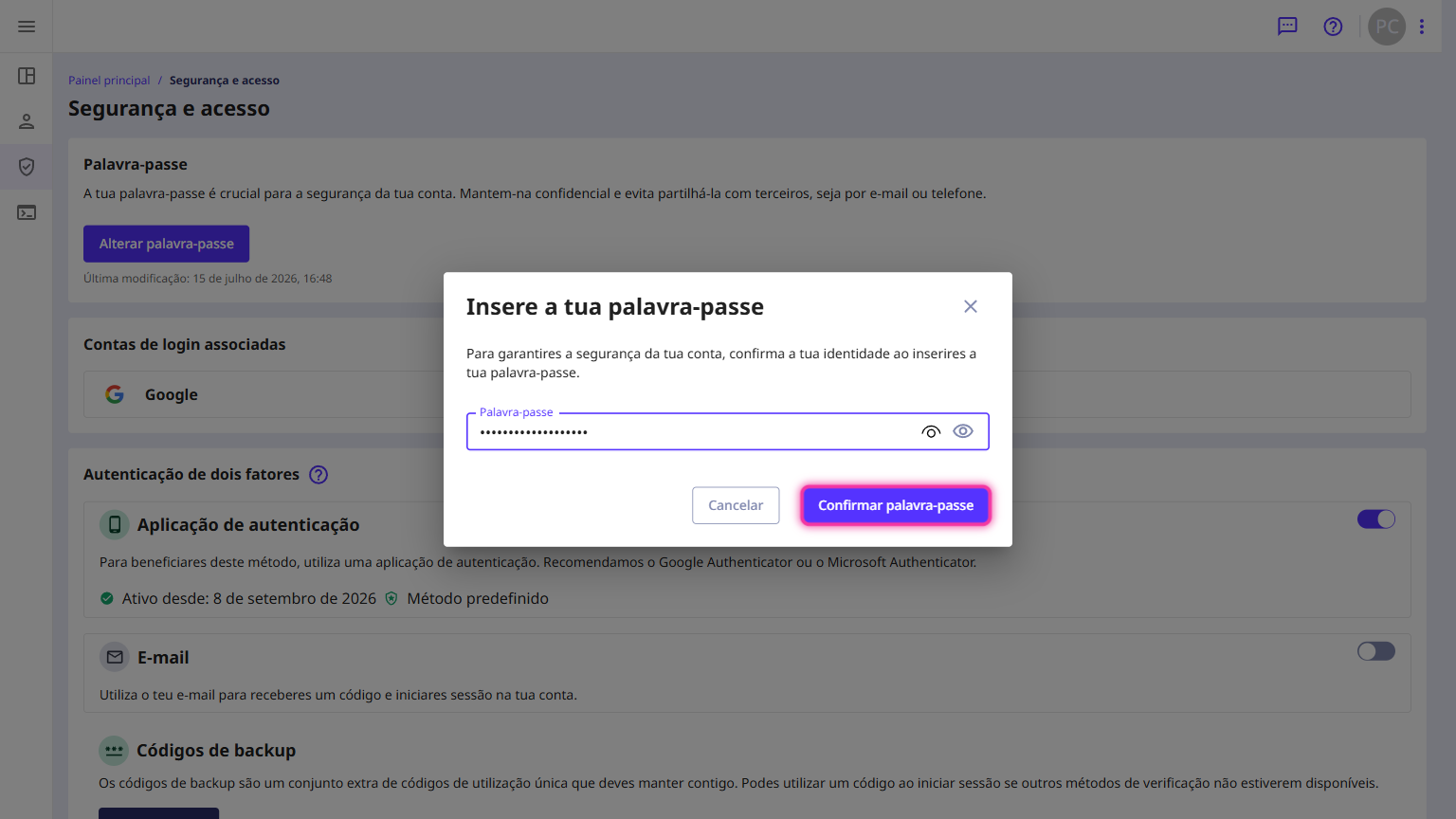 Janela Insere a tua palavra-passe com o botão Confirmar palavra-passe destacado