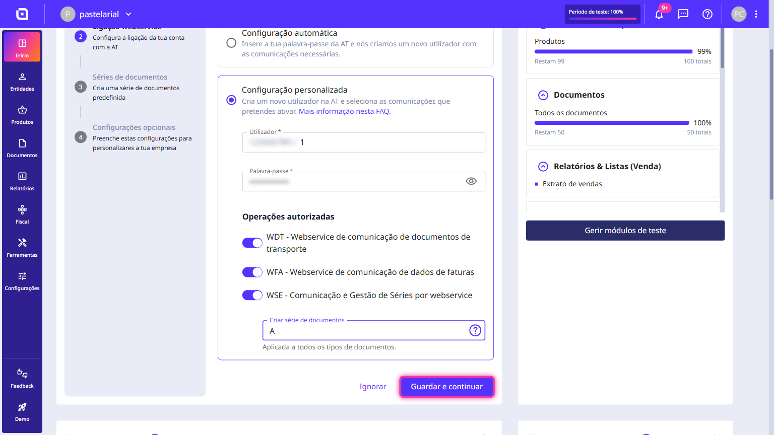 Botão Guardar e continuar no fundo do ecrã da ligação webservice.