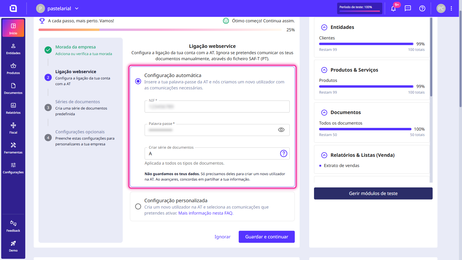 Opção Configuração automática selecionada, com os campos do NIF, da palavra-passe e do nome da série.