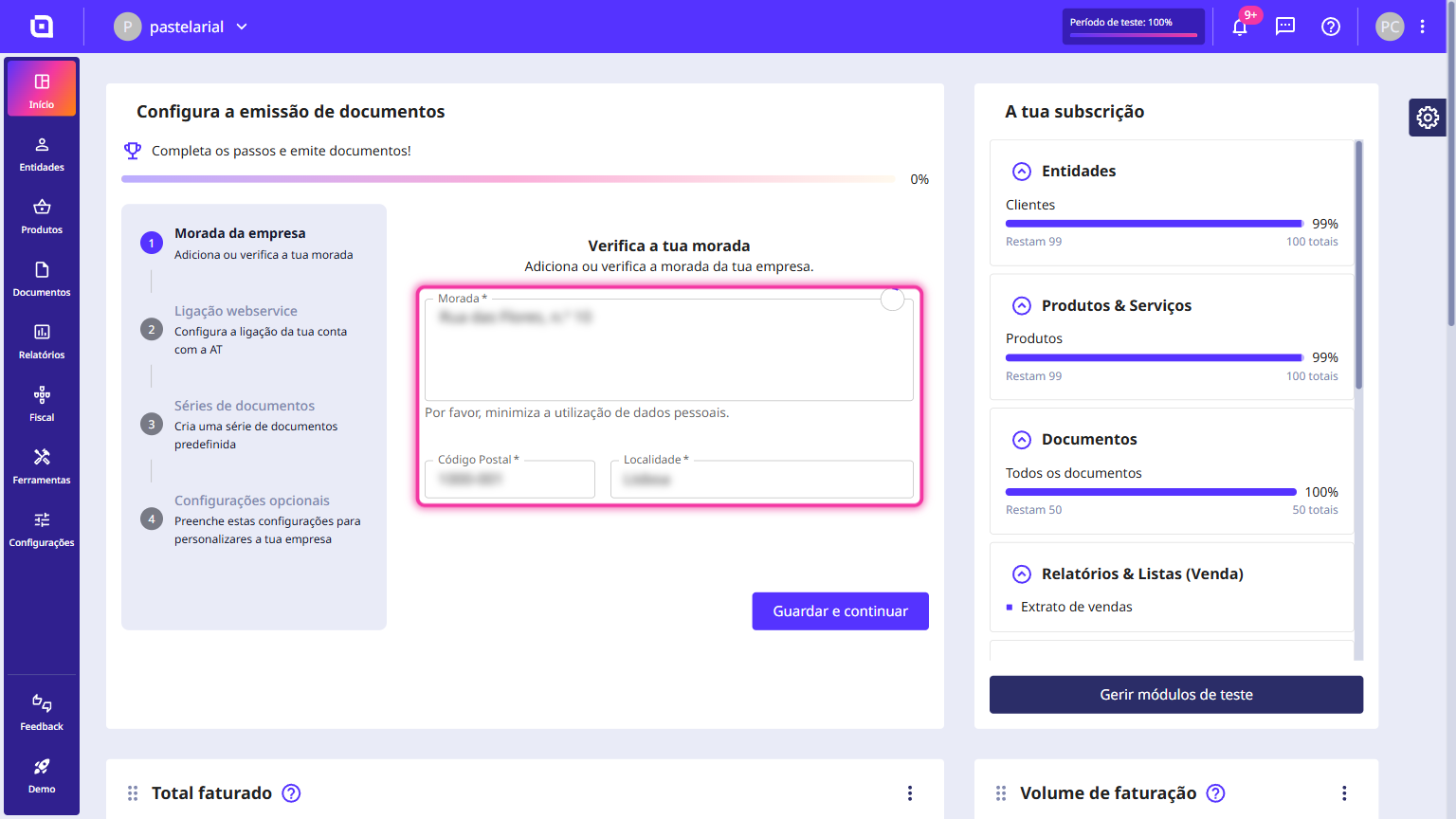 Assistente de configuração no painel principal, com os campos da morada da empresa preenchidos.