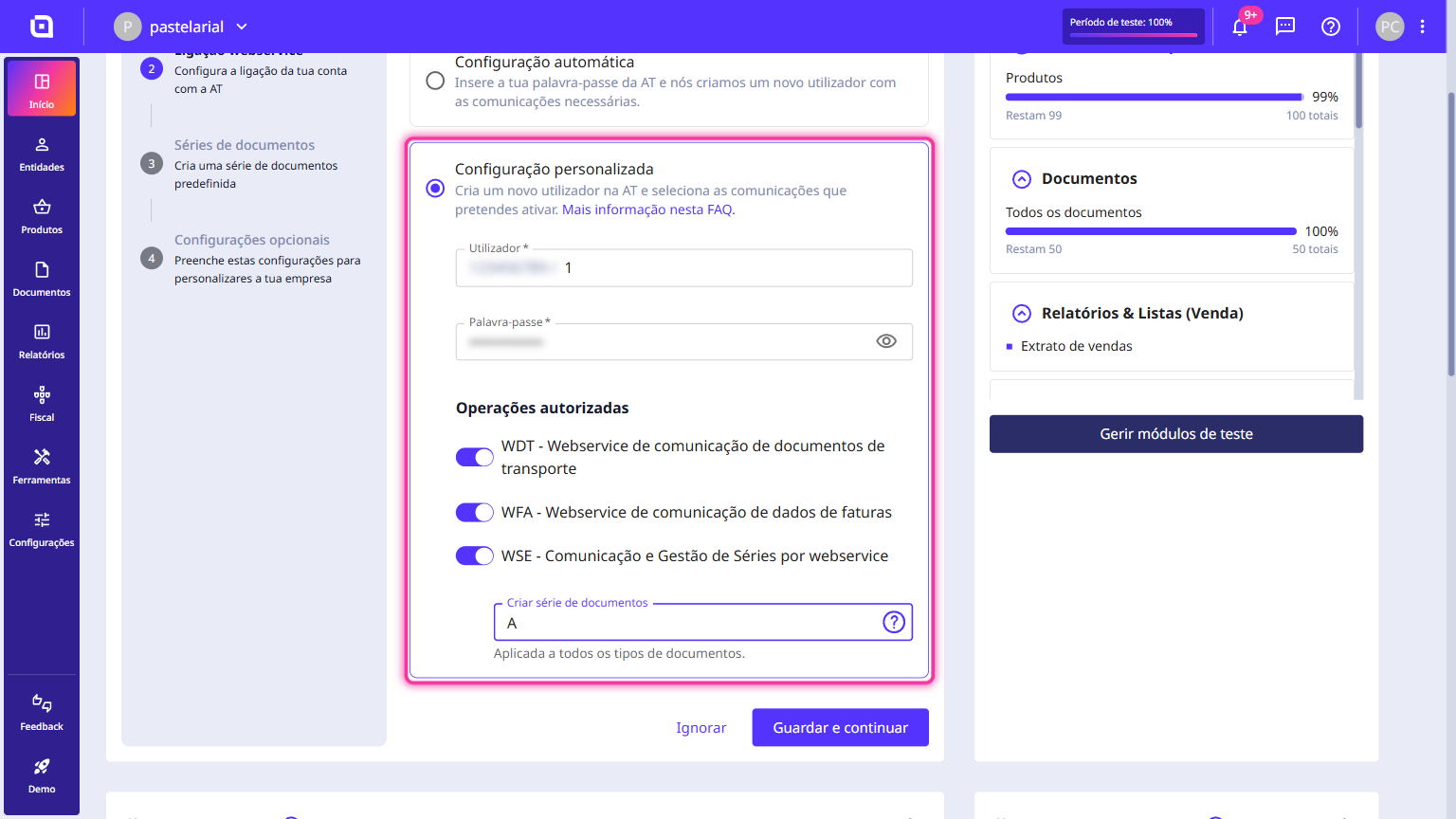Opção Configuração personalizada selecionada, com o utilizador, a palavra-passe e as operações autorizadas.