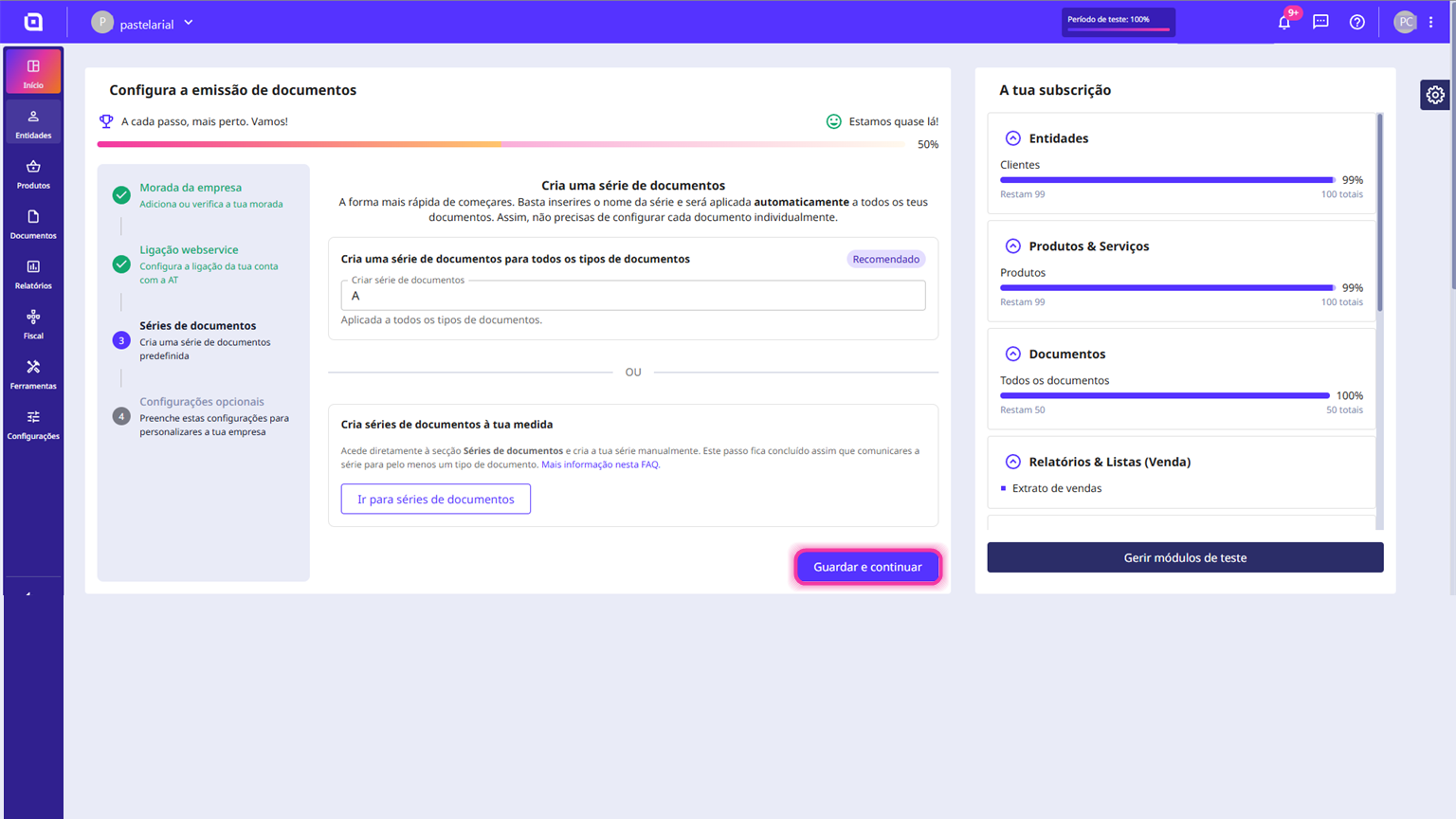 Botão Guardar e continuar no fundo do ecrã da série de documentos.