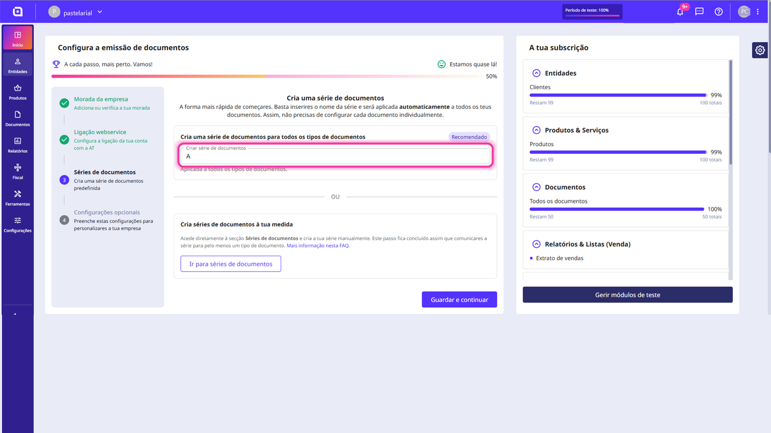 Ecrã da série de documentos, com o nome da série já preenchido no campo.