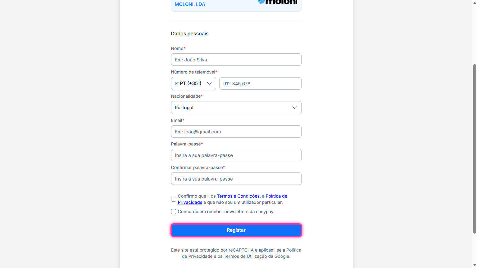 Formulário de registo da easypay com os dados pessoais e o botão Registar destacado.