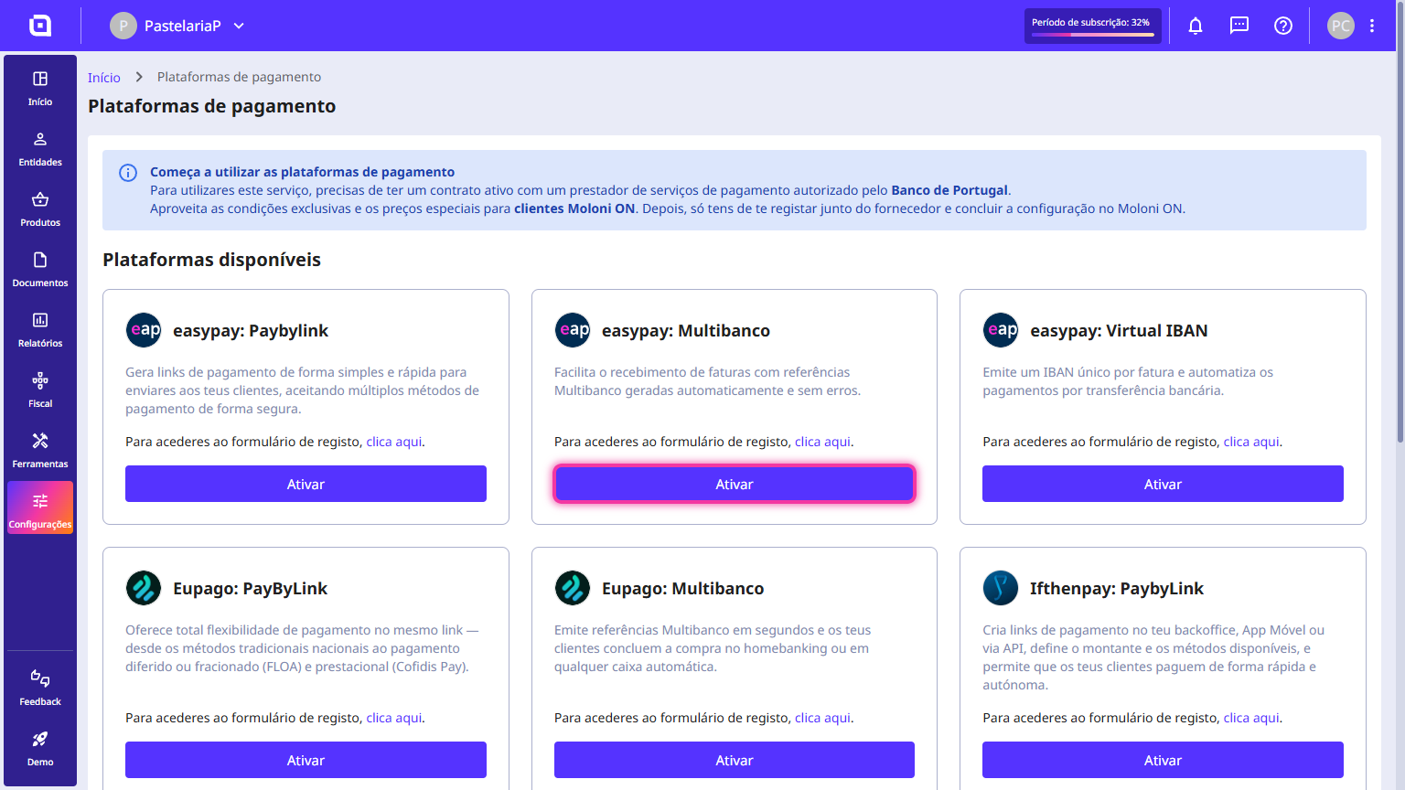 Cartão da plataforma easypay: Multibanco no Moloni ON com o botão Ativar destacado.