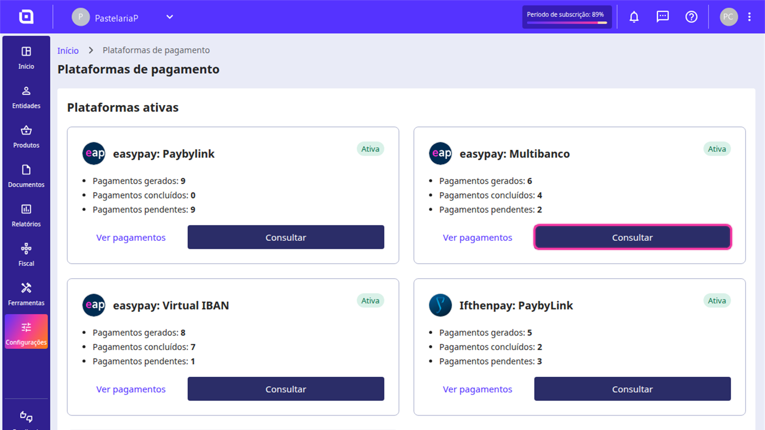Lista das plataformas ativas no Moloni ON com o botão Consultar do bloco easypay: Multibanco destacado.