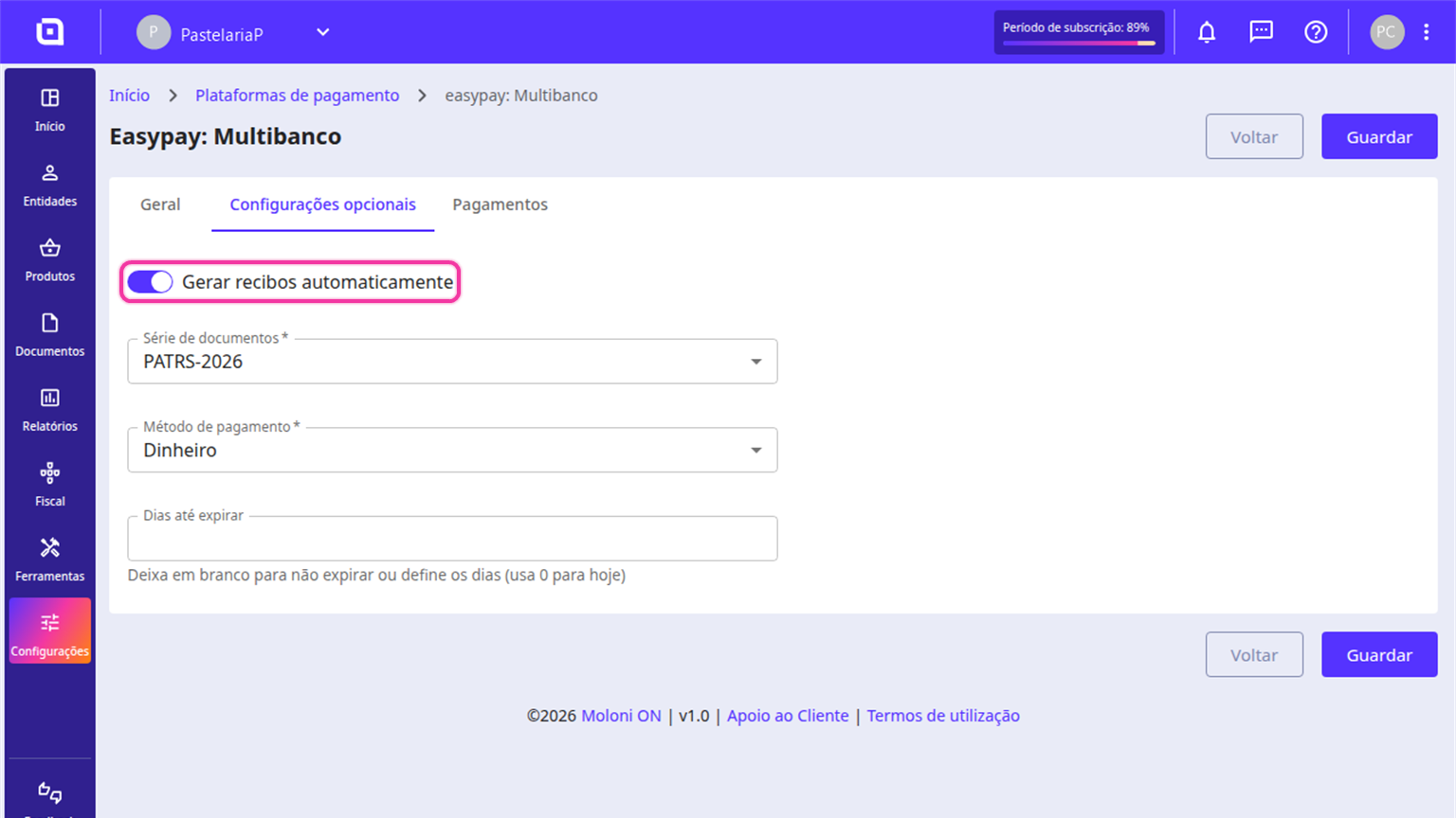 Separador Configurações opcionais no Moloni ON com a opção Gerar recibos automaticamente destacada.