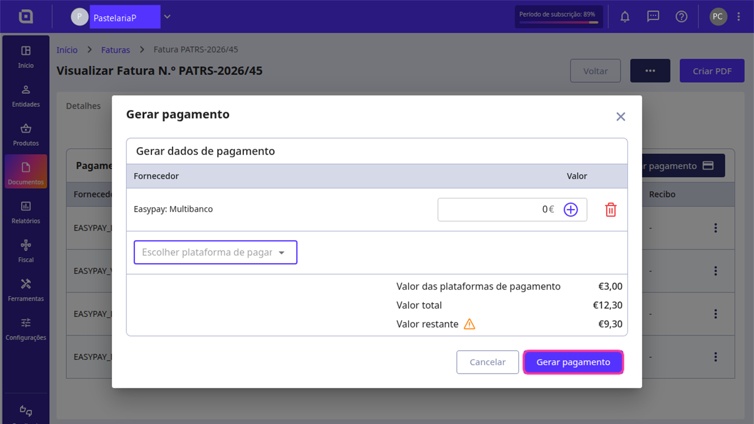 Diálogo Gerar pagamento no Moloni ON com o botão Gerar pagamento destacado.