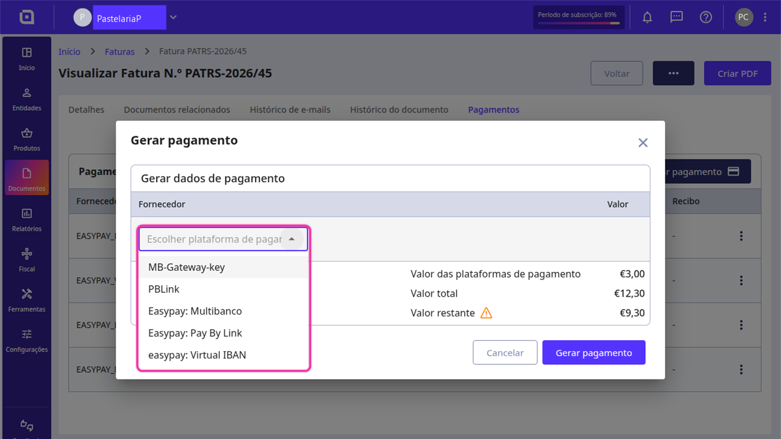 Diálogo Gerar pagamento no Moloni ON com a lista de plataformas de pagamento aberta e destacada.