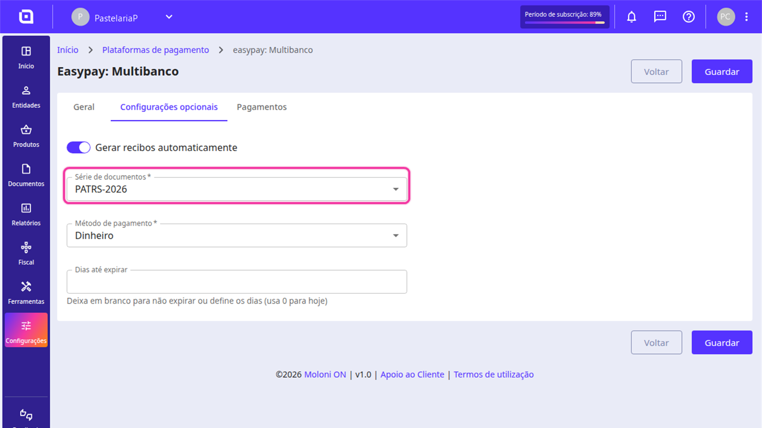 Separador Configurações opcionais no Moloni ON com o campo Série de documentos destacado.