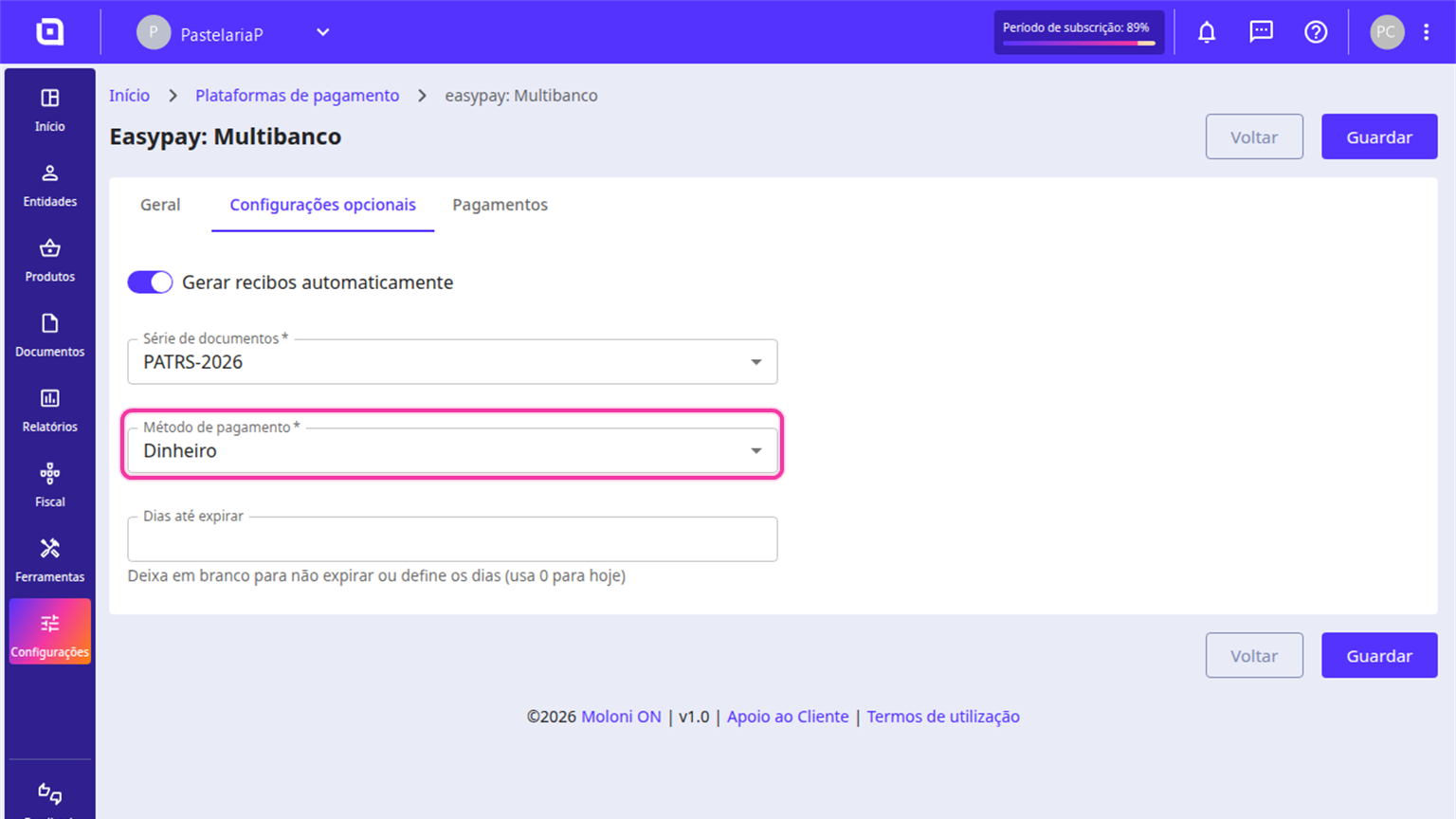 Separador Configurações opcionais no Moloni ON com o campo Método de pagamento destacado.