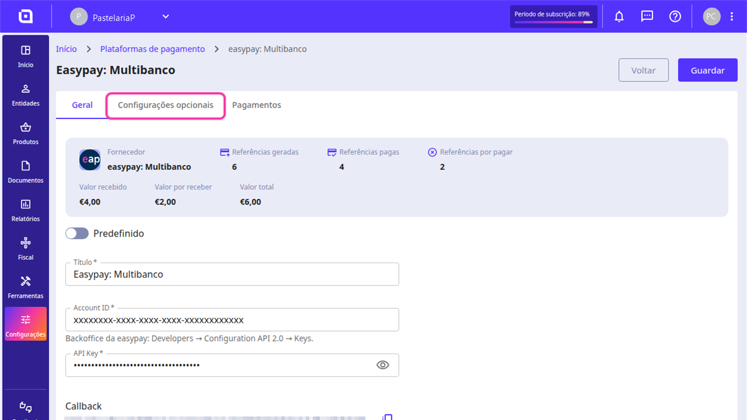 Ecrã da plataforma easypay: Multibanco no Moloni ON com o separador Configurações opcionais destacado.