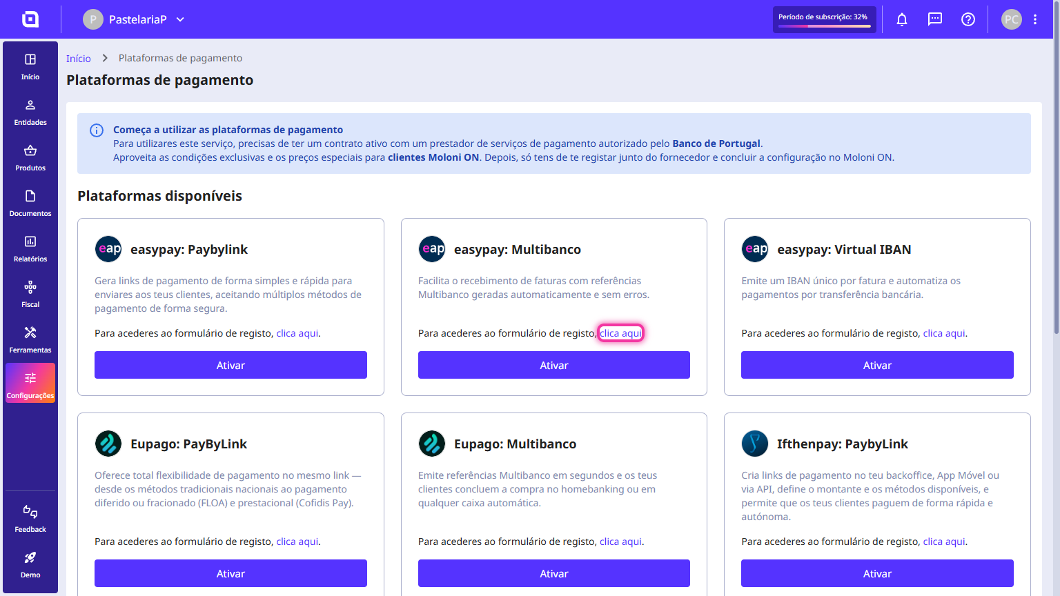 Página das Plataformas de pagamento do Moloni ON com o link do formulário de registo da easypay destacado no cartão easypay: Multibanco.
