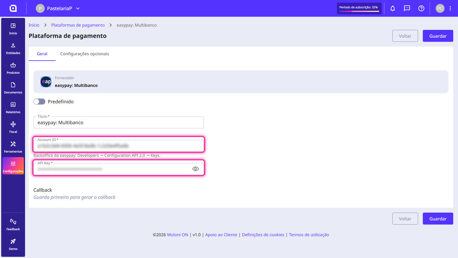 Formulário da plataforma de pagamento no Moloni ON com os campos Account ID e API Key destacados.