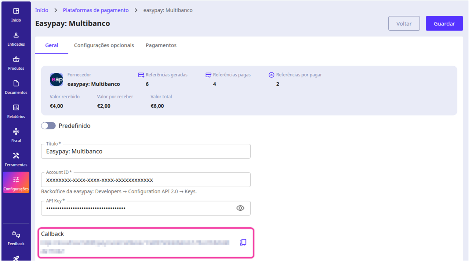 Ecrã da plataforma easypay: Multibanco no Moloni ON com o campo Callback destacado.