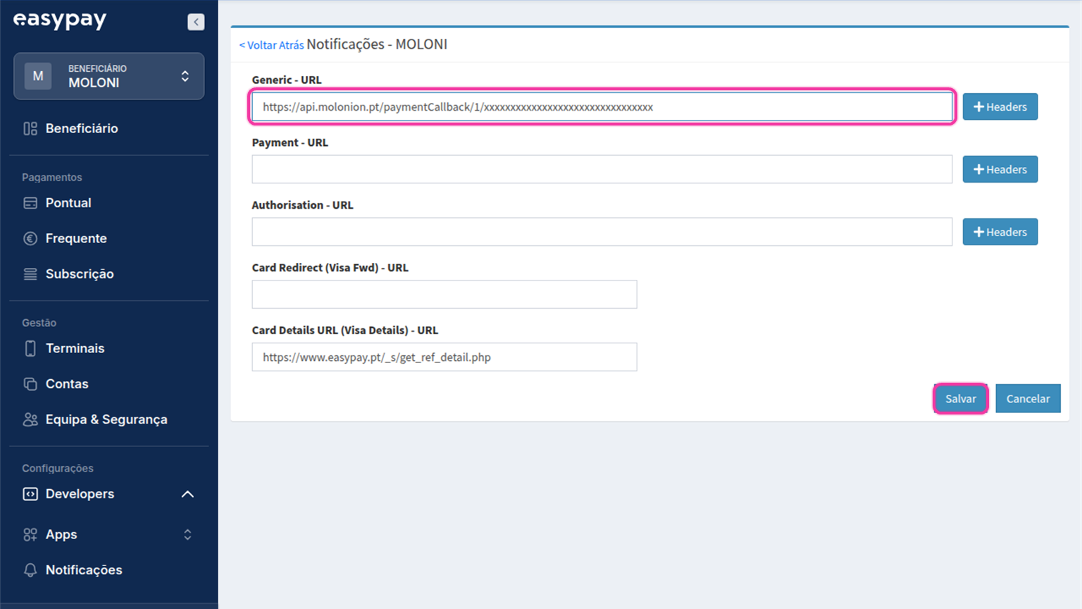 Ecrã de notificações no portal da easypay com o campo Generic - URL preenchido e o botão Salvar destacados.