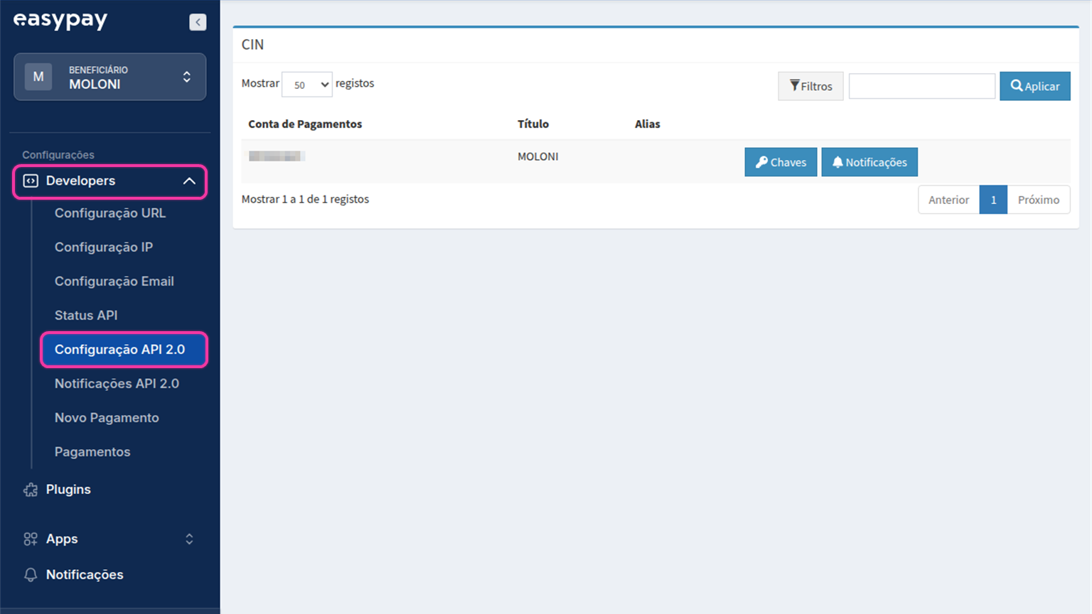 Portal da easypay com o menu Developers aberto e a opção Configuração API 2.0 destacada.