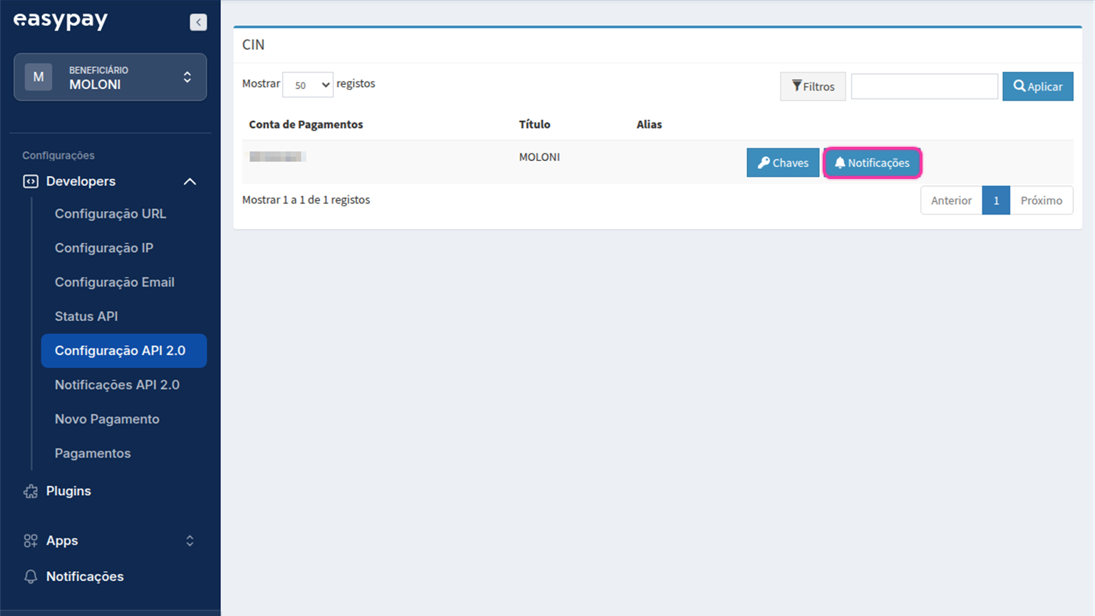 Tabela de contas de pagamentos no portal da easypay com o botão Notificações destacado.
