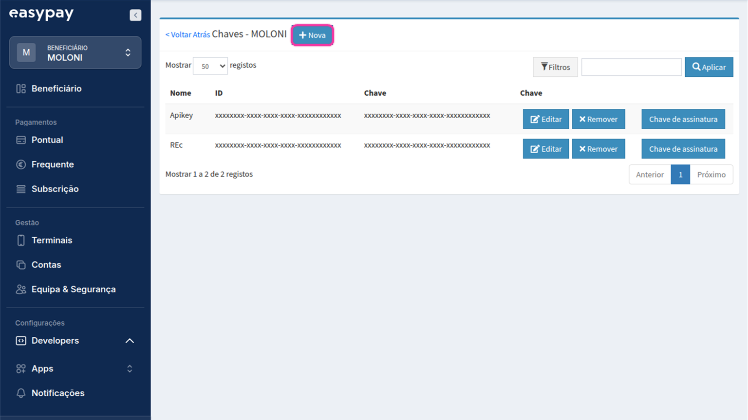 Lista de chaves no portal da easypay com o botão + Nova destacado.
