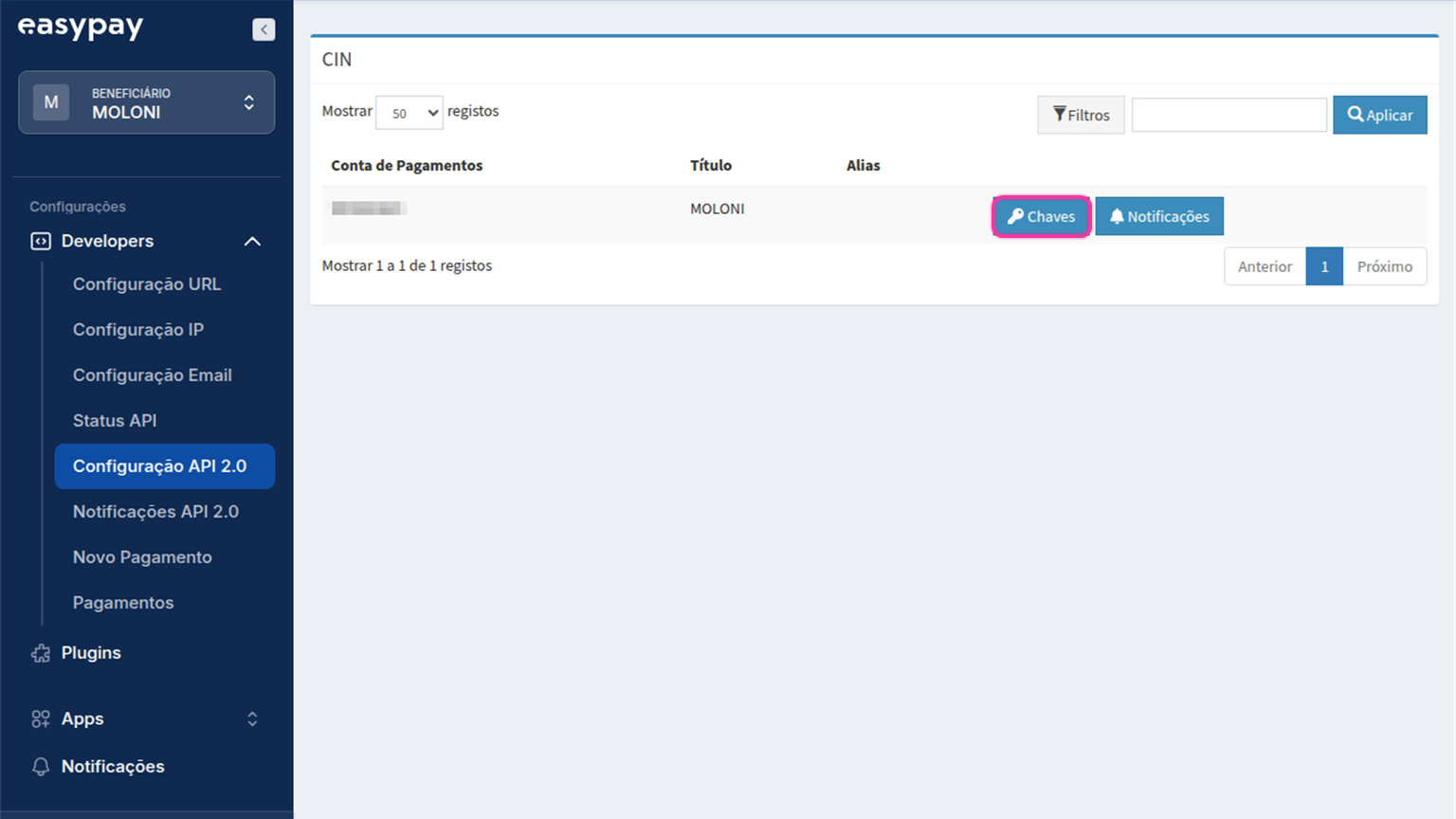 Tabela de contas de pagamentos no portal da easypay com o botão Chaves destacado.