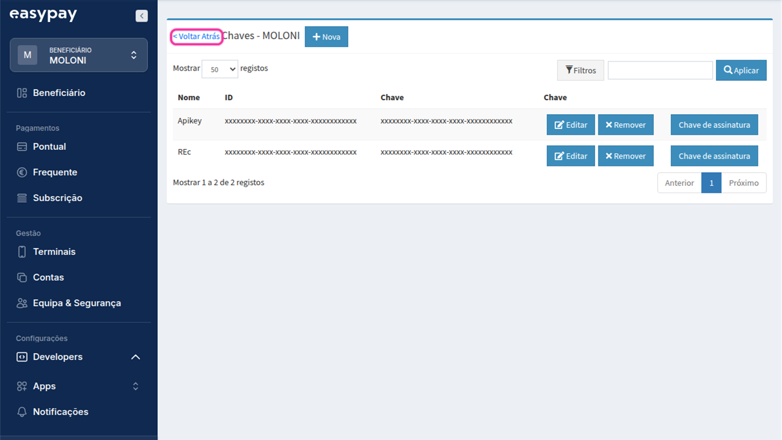 Lista de chaves no portal da easypay com a ligação Voltar Atrás destacada.