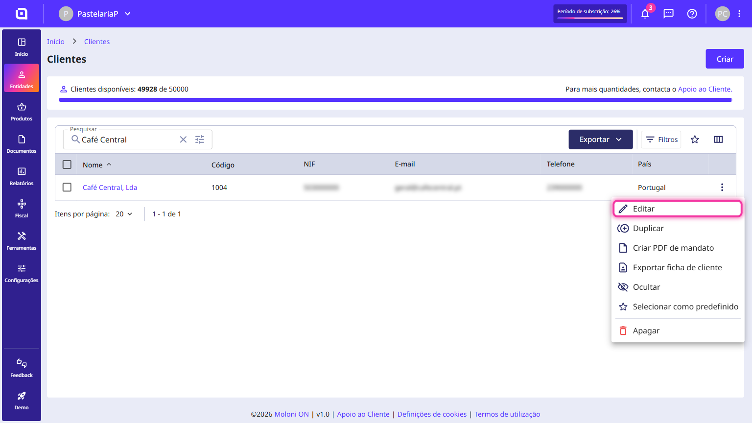 Listagem de clientes com o menu de ações aberto e a opção Editar destacada
