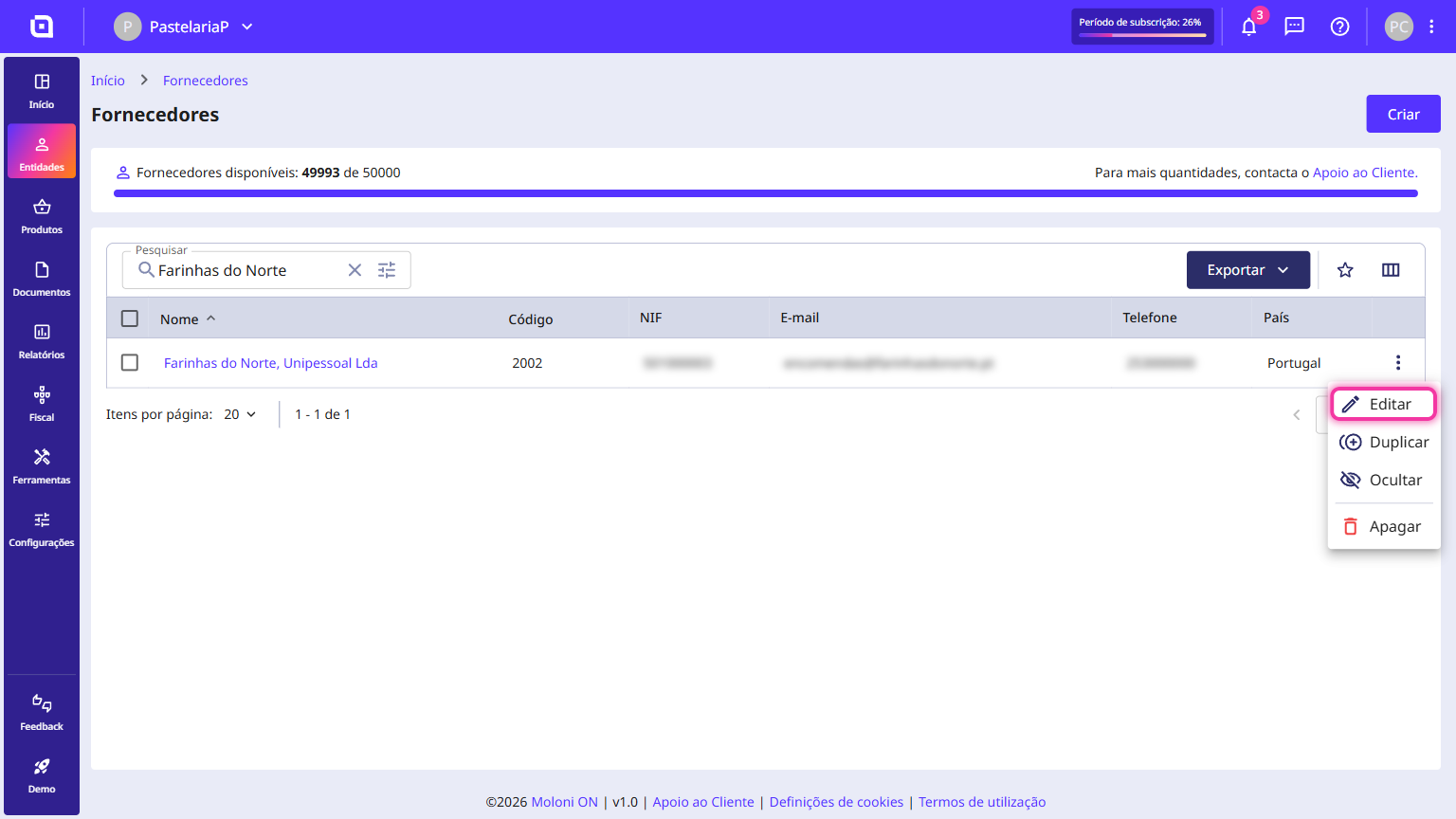 Listagem de fornecedores com o menu de ações aberto e a opção Editar destacada