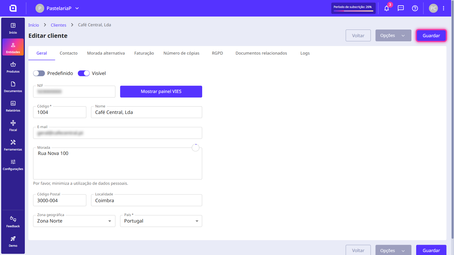 Ficha do cliente com o botão Guardar destacado no canto superior direito